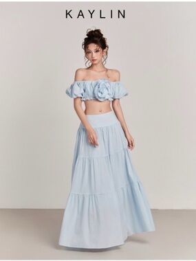 Pale Blue Tiered Maxi Skirt